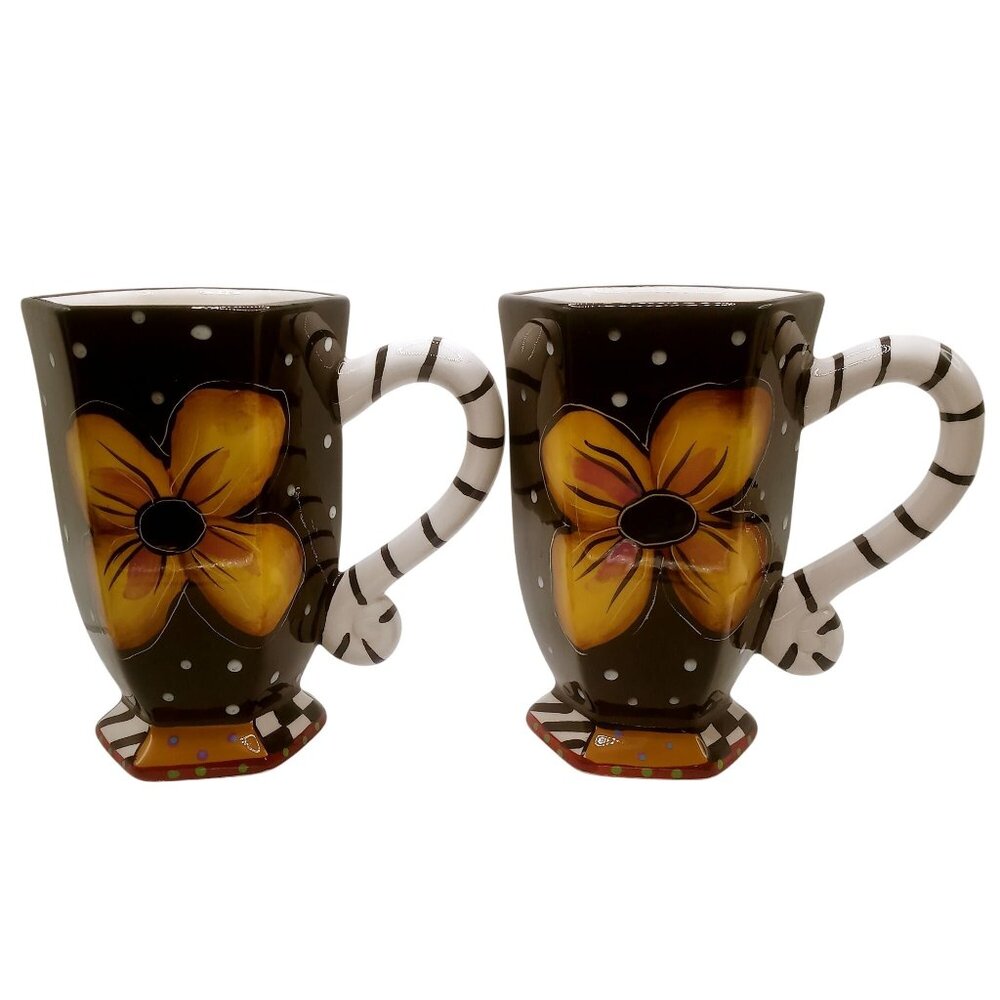 Studio Designworks Coffee Cups Set of 2 Ceramic Hand Painted Flower Mugs Set VTG